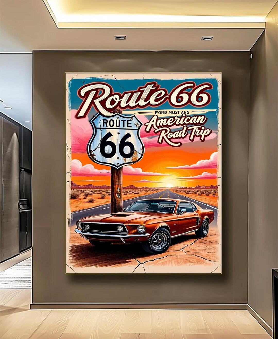 Ford Mustang Route 66 Poster Illustration Vintage Road Trip Art - Etsy