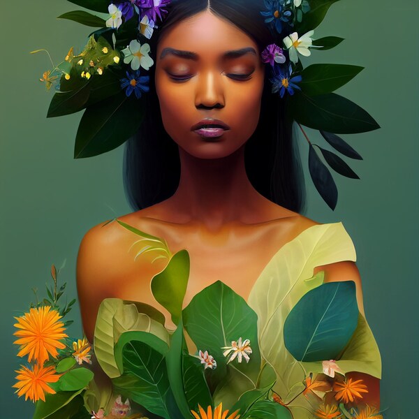 GODESS - Floral Portrait Art - Floral Digital Art- Portrait Art - AI Artwork - Foliage Portrait  - Floral Artwork - Digital Download