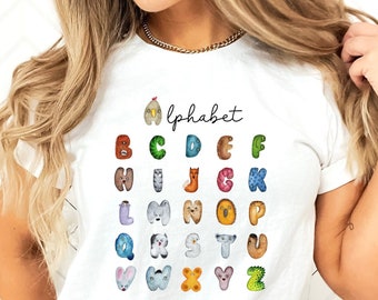 Camiseta do alfabeto para professor Camiseta ABC Camiseta para professor de jardim de infância Camiseta de agradecimento ao professor Presente de volta às aulas Camiseta combinando com a equipe do professor