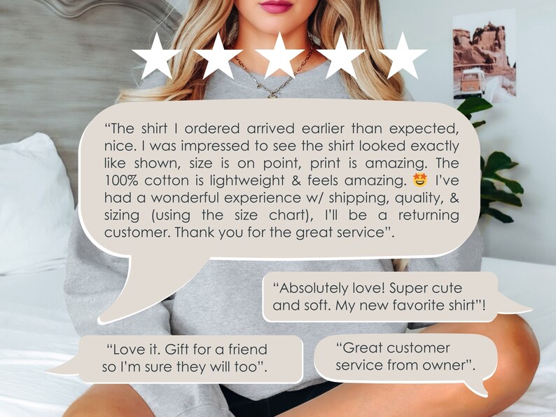 May include: Five star review with text praising the quality and fit of a shirt. The text includes the phrase "Absolutely love! Super cute and soft. My new favorite shirt!"