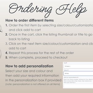 Może przedstawiać: Grafika z kresk&oacute;wkową gęsią i instrukcjami, jak zamawiać r&oacute;żne artykuły i dodawać personalizację. Tekst zawiera "Ordering Help", "How to order different items", "How to add personalization", "Size", "Unisex L", "Colour", "White", "Add your personalisation", "What Trip?", "What location", "What year?"