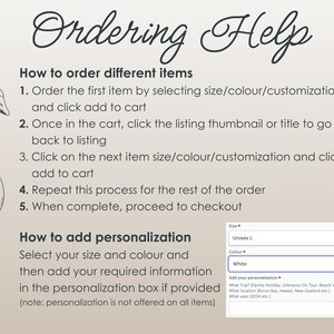 May include: A graphic with a cartoon goose and instructions on how to order different items and add personalization. The text includes "Ordering Help", "How to order different items", "How to add personalization", "Size", "Unisex L", "Colour", "White", "Add your personalization", "What Trip?", "What location", "What year?"