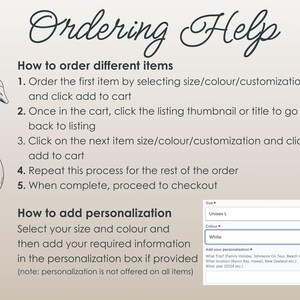 May include: An informational graphic with the title "Ordering Help" in a decorative font. Instructions on how to order different items and add personalization are provided, along with a drawing of a goose. A drop-down menu shows size and color options.