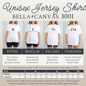 Pode incluir: Tabela de tamanhos para uma camiseta de jersey unissex, Bella + Canvas 3001. A tabela mostra as medidas de largura e comprimento em polegadas para os tamanhos S, M, L, XL, 2XL e 3XL. A tabela tamb&eacute;m inclui informa&ccedil;&otilde;es sobre o caimento da camiseta, que &eacute; ajustado, regular, solto ou oversized.