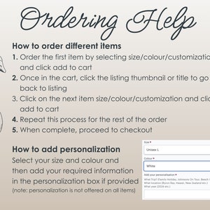 Może przedstawiać: Obraz z tekstem "Ordering Help" i instrukcjami dotyczącymi zamawiania i dodawania personalizacji. Po lewej stronie znajduje się rysunek gęsi. Instrukcje obejmują wyb&oacute;r rozmiaru, koloru i personalizacji.