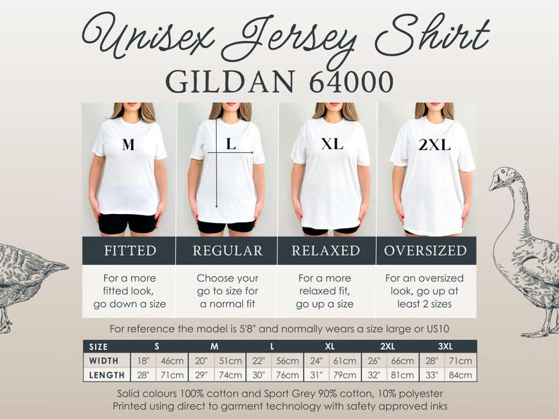 May include: Image showing a white Unisex Jersey Shirt by GILDAN 64000. The image includes size charts for fitted, regular, relaxed, and oversized fits. Measurements are provided in inches and centimeters for width and length.