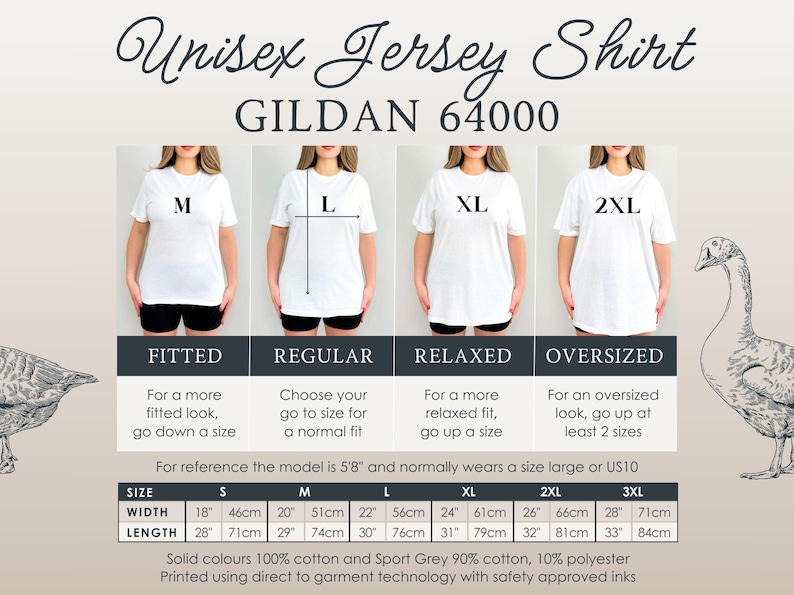 Może przedstawiać: Zdjęcie białej koszulki Unisex Jersey Shirt marki Gildan 64000. Obraz zawiera tabele rozmiar&oacute;w z wymiarami w cm i calach oraz przykłady dopasowania: dopasowane, regularne, luźne i oversize. Tekst wspomina r&oacute;wnież wzrost modelki.