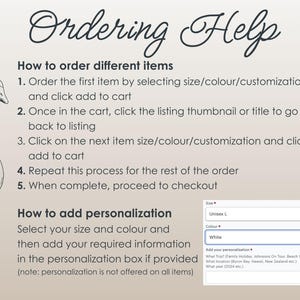 Puede incluir: Un gr&aacute;fico informativo titulado "Ordering Help" en escritura decorativa. Proporciona instrucciones sobre c&oacute;mo pedir art&iacute;culos y agregar personalizaci&oacute;n. Se incluye un dibujo de un ganso. Los men&uacute;s desplegables muestran opciones de tama&ntilde;o y color.
