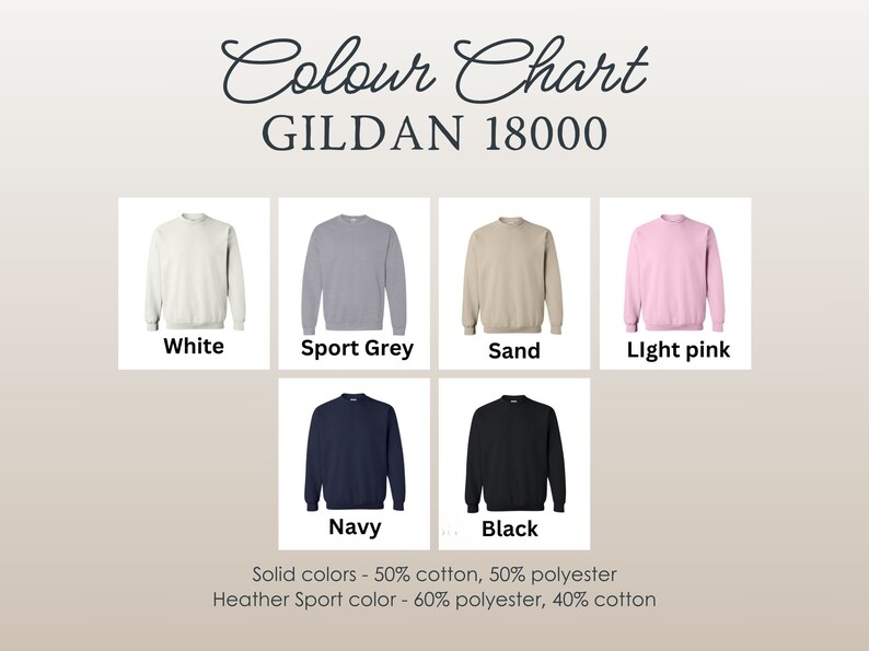 May include: Color chart for Gildan 18000 sweatshirts. The chart shows the different colors available, including white, sport grey, sand, light pink, navy, and black. Solid colors are 50% cotton and 50% polyester. Heather Sport colors are 60% polyester and 40% cotton.