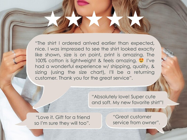 May include: A light gray t-shirt with customer reviews in speech bubbles. The reviews mention the shirt's quality, sizing, and customer service. The shirt is described as lightweight and soft.