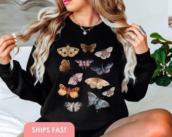 Sweat papillon et mite vintage Cottagecore Nature ras du cou cadeau ami amoureux de la nature Boho vêtements botanique papillon Halloween foncé