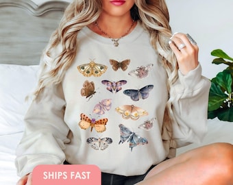 Sweat papillon et mite vintage Cottagecore Nature ras du cou cadeau ami amoureux de la nature Boho vêtements botanique papillon Halloween foncé
