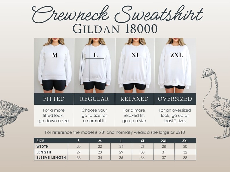 May include: Size chart for Gildan 18000 crewneck sweatshirts. The chart shows measurements in inches for width, length, and sleeve length for sizes S, M, L, XL, 2XL, and 3XL. The chart also includes descriptions of the fit for each size: fitted, regular, relaxed, and oversized.