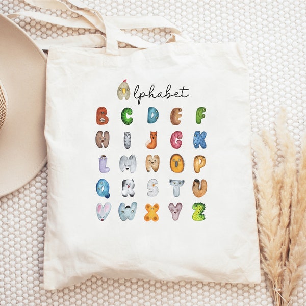 Animal Alphabet Tote Bag, Thoughtful Teacher Present, Gift for Kindy Teacher, Back To School Bag, Gift For Friend, Alphabet School Bag