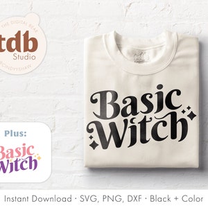 May include: A white t-shirt with the text "Basic Witch" in black lettering. The text is in a retro font style with a decorative flourish. The t-shirt is on a white background.
