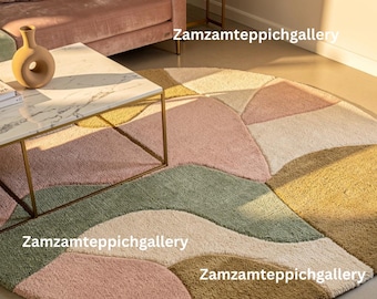 Alfombra de lana tejida a mano: geométrica en tonos pastel, moderna y orgánica.