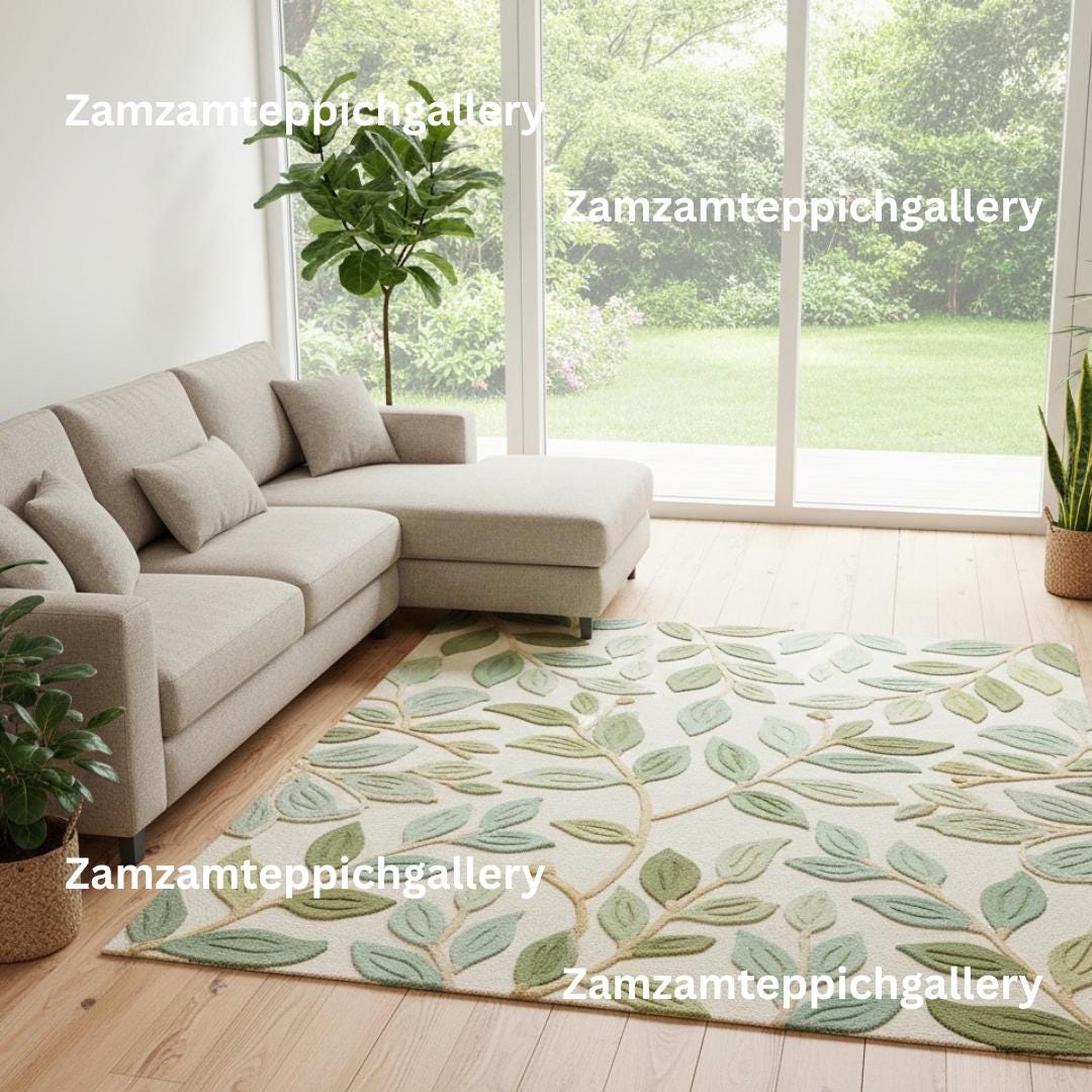 Shadow Botanical Rugs Hand Tufted Botanical Leaf Wool Rug | Soft Green Nature Inspired Area ...