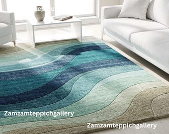 Alfombra de lana tejida a mano • Diseño de ondas en azul aguamarina, alfombra de decoración de lujo para el hogar de tamaño personalizado /