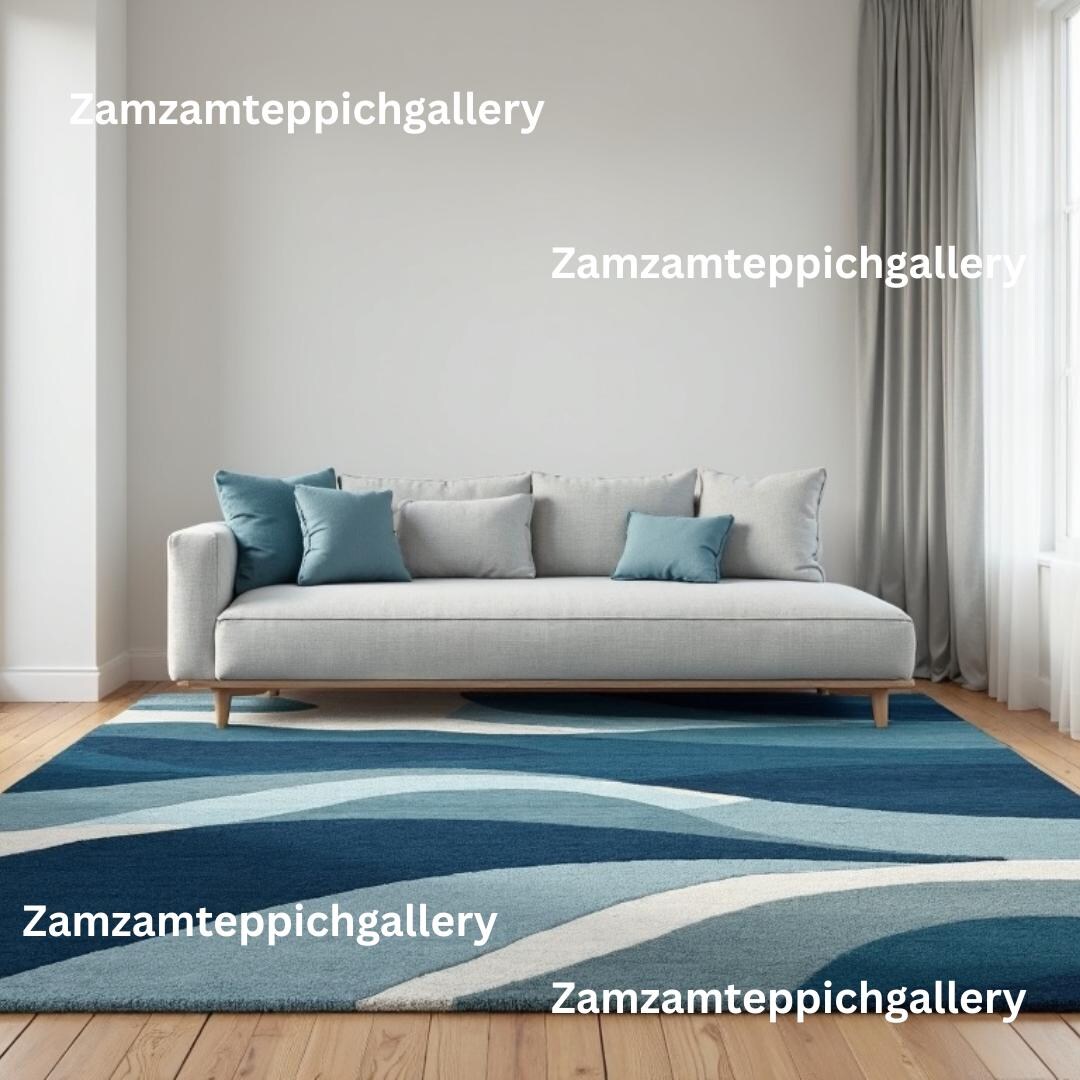 Modern Blue Abstract Hand Tufted Rug, Wave Pattern Wool Area Rug ...