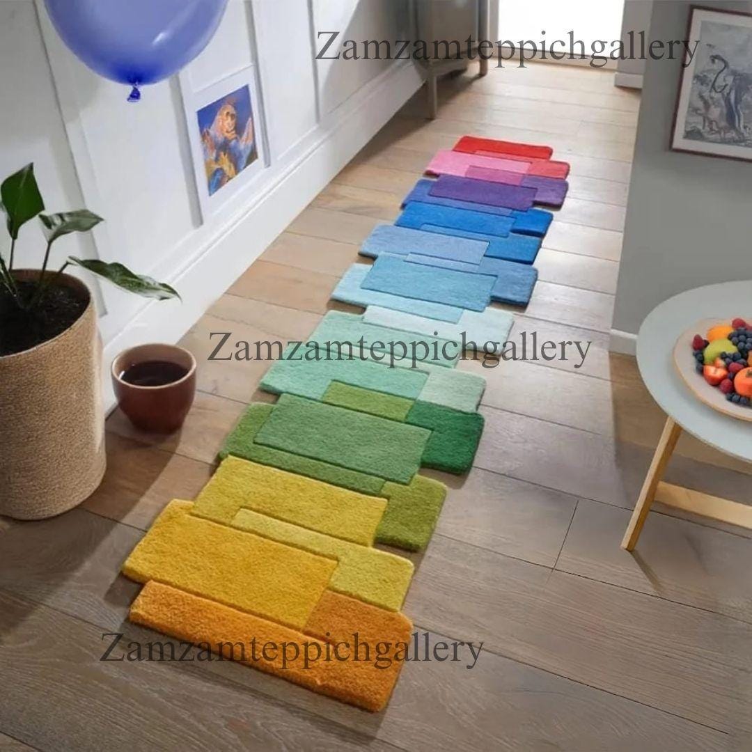 Wool Rainbow Rug Hand-tufted Wool Runner Rug | Modern Rainbow Geometric Carpet - Etsy