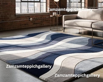 Alfombra moderna de ondas azules / Alfombra de lana esculpida y hecha a mano