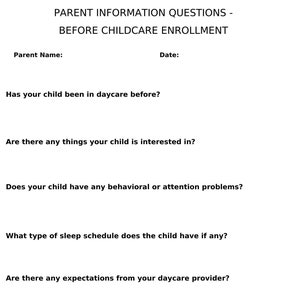 Parent information questions before childcare enrollment, daycare template, childcare template