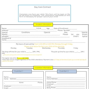 Daycare Enrollment form, childcare form, daycare contract