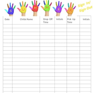 Può includere: Un foglio di registrazione con la parola "SUMMER" scritta in impronte di mani colorate. Il foglio ha colonne per la data, il nome del bambino, l'ora di consegna, le iniziali, l'ora di ritiro e le iniziali.