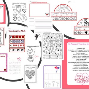 May include: A set of 20 printable Valentine's Day activity pages for children. The pages include a variety of activities such as colouring, writing, maths, and mazes. The pages are decorated with hearts, flowers, and other Valentine's Day themes.  "20 Pages of Valentine Activities" is written in red text on a pink background.