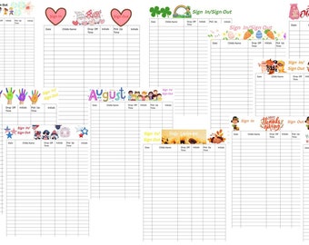 12 Months Sign In/ Sign Out Sheet , Childcare, Daycare, Homeschool, Elementary Templates