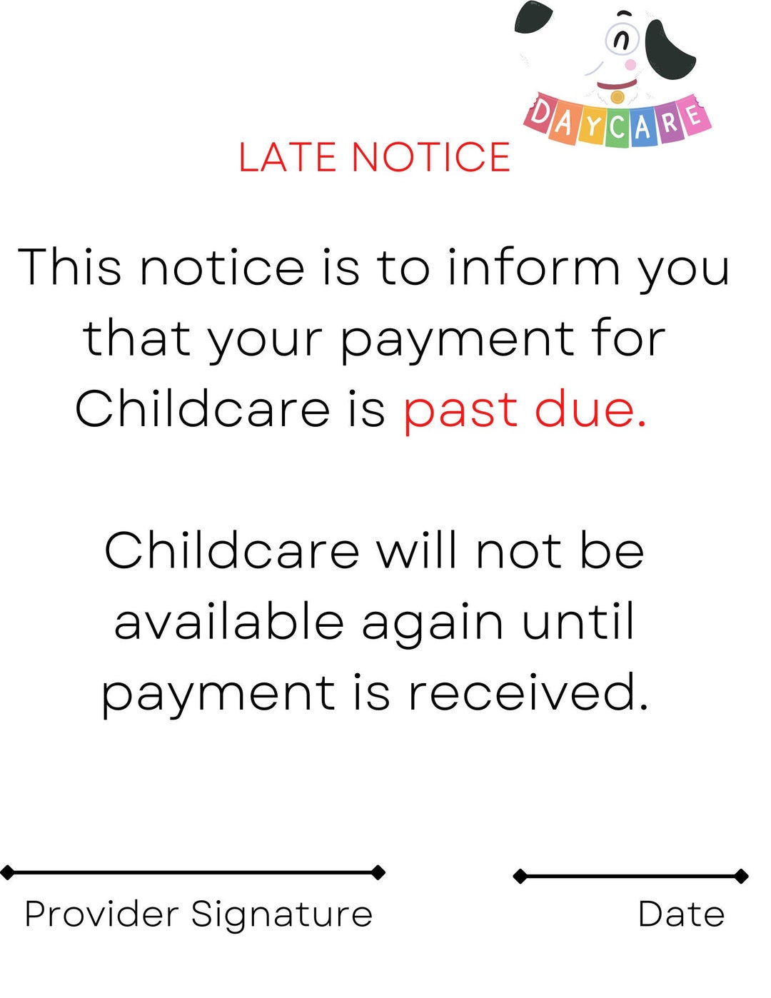 Late Notice Daycare , Childcare Template, Daycare, Parent Notification