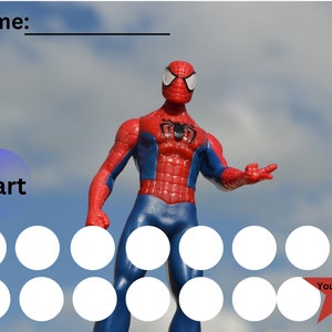 May include: A printable chart featuring a cartoon image of Spiderman with a blue circle that says "Start" and a red star that says "You Did It!" There are 10 white circles in between the start and finish.