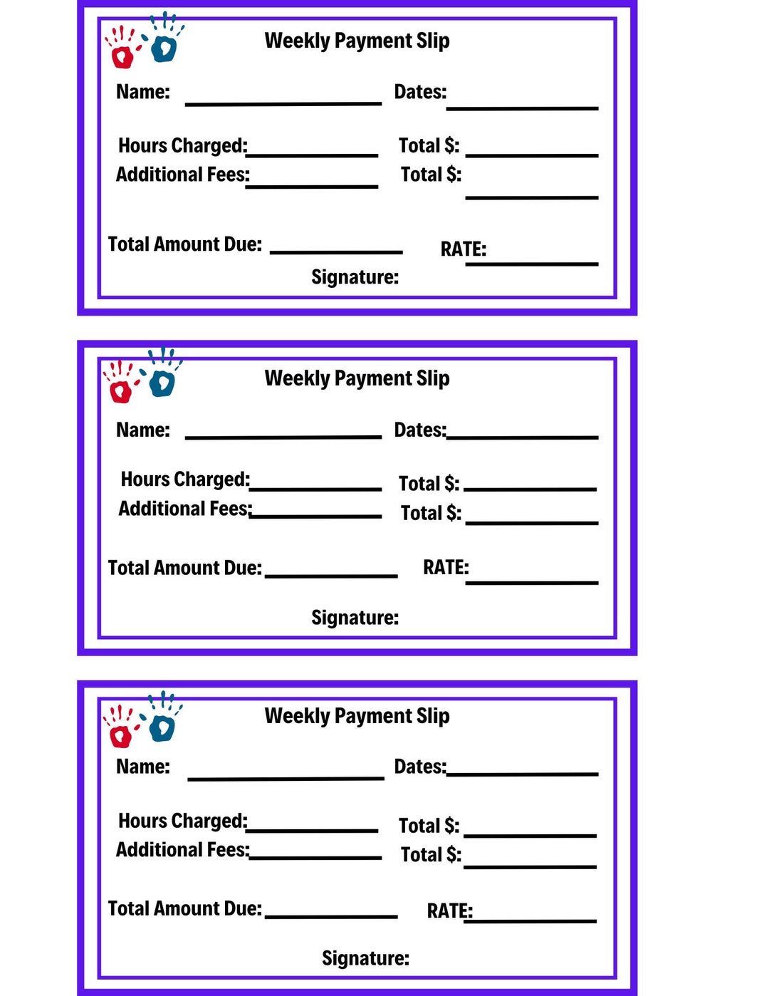 Weekly Payment Slip, Daycare Payment Form, Payment Amount Slips