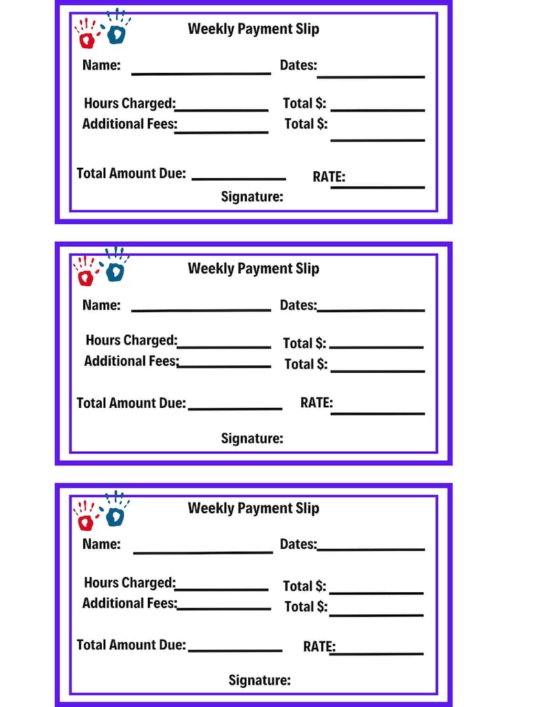 Weekly Payment Slip, Daycare Payment Form, Payment Amount Slips