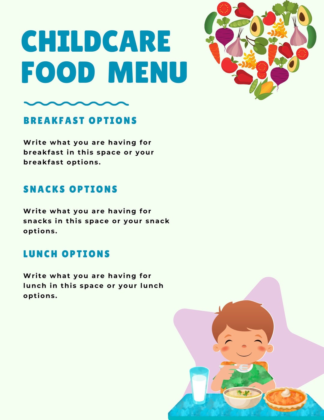 Editable Kids Daycare Food Menu, Childcare Menu, Menu, Food Menu