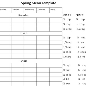 Childcare Menu Templates , Daycare Menu Template, Monthly Menu , Season ...