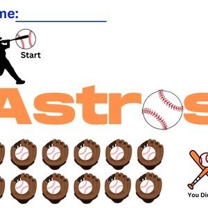 May include: A printable baseball-themed activity sheet with the word "Astros" in orange letters. The sheet includes a baseball player silhouette, a baseball, a glove, and a bat and ball. The text "Start" and "You Did It!" are also included.