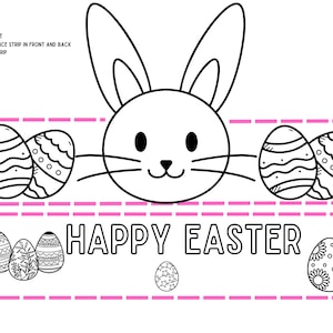 May include: A black and white printable coloring page featuring a bunny rabbit wearing a hat decorated with Easter eggs. The text "HAPPY EASTER" is written below the bunny.