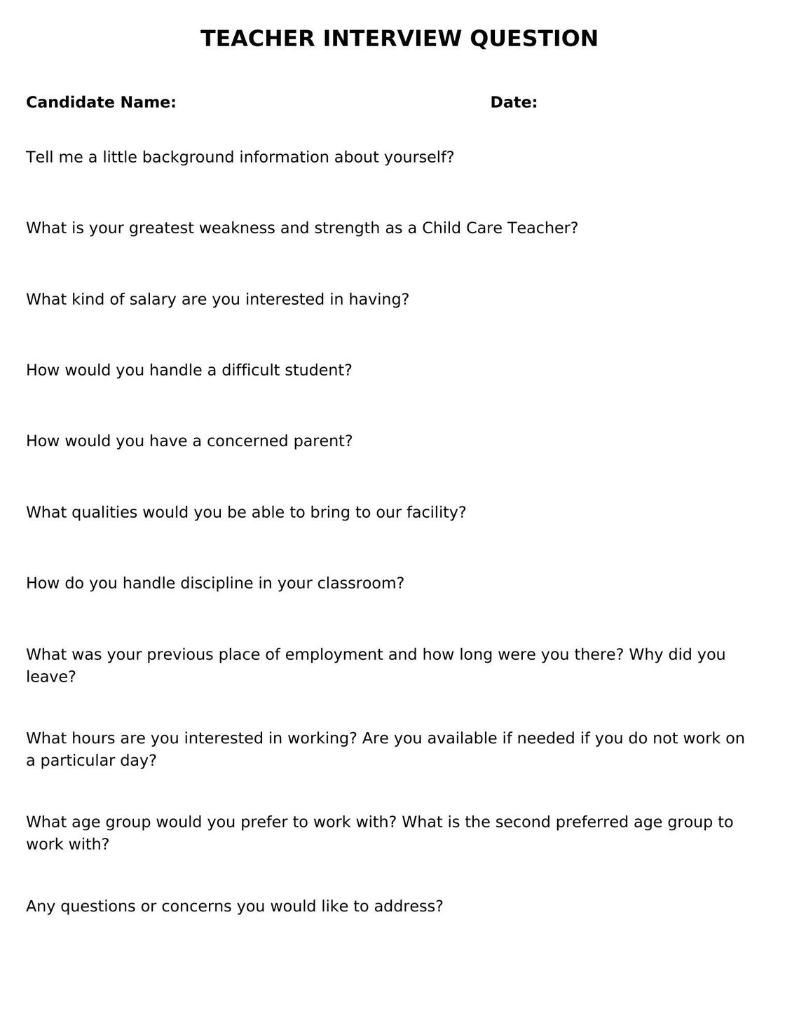 Childcare Teacher Interview Questions, Daycare Teacher Questions - Etsy