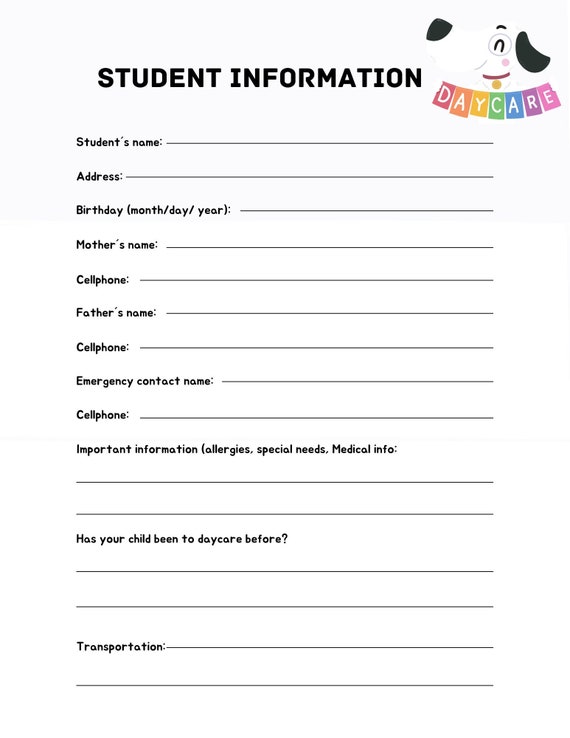Childare Student Information Sheet Daycare All About Me Etsy