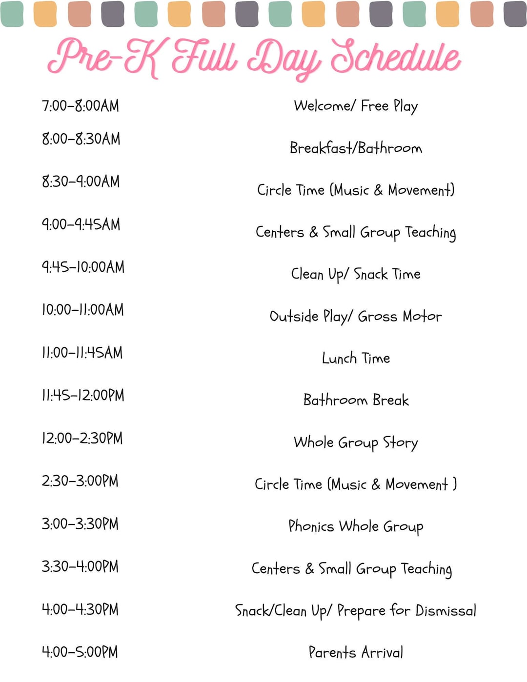 Pre k full day schedule preschool schedule schedule school schedule