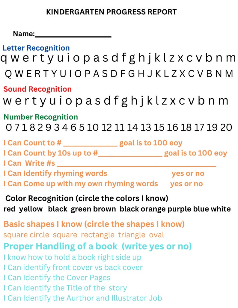 Kindergarten Progress Report, Progress Report for School, School Assessment, School Report Etsy