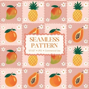 May include: A seamless pattern design featuring illustrations of mangoes, pineapples, oranges, and papayas on a pink background. The design includes white daisy accents and the text "SEAMLESS PATTERN" with dimensions and usage details.