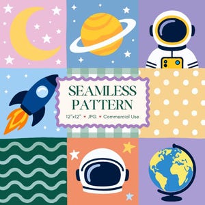 May include: A colorful seamless pattern featuring space-themed illustrations. The design includes a yellow crescent moon, a planet with rings, an astronaut, a rocket ship, a space helmet, and a globe. The text "SEAMLESS PATTERN" is displayed in the center.