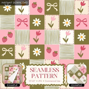 Cottagecore Patchwork Seamless Pattern, Strawberry Floral Quilt Vintage Daisy Tulip Digital Paper, Coquette Flower Fabric Sublimation Design