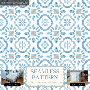 May include: A seamless pattern design in shades of blue and gray on a white background. The pattern features a repeating floral and geometric motif. The image includes examples of the pattern on a pillow and a folded garment. The text reads "SEAMLESS PATTERN".