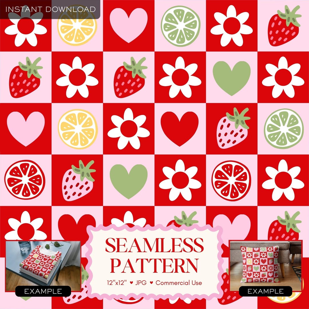 Preppy Checkered Pattern Strawberry Checkerboard Seamless Pattern, Retro Scandi Folk Art Kawaii ...