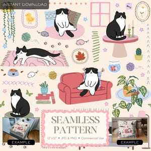 May include: A seamless pattern design featuring cartoon cats in various poses, surrounded by home decor elements like a sofa, plants, and books. The design includes the text "SEAMLESS PATTERN" and "INSTANT DOWNLOAD". The pattern is 12"x12" and available in JPG & PNG formats.