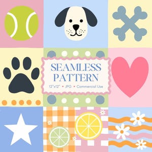 May include: A colorful seamless pattern featuring a dog face, paw print, tennis ball, heart, bone, star, lemon, and daisy designs. The text "SEAMLESS PATTERN" is displayed in a decorative frame, with the dimensions 12"x12" and the file type JPG.