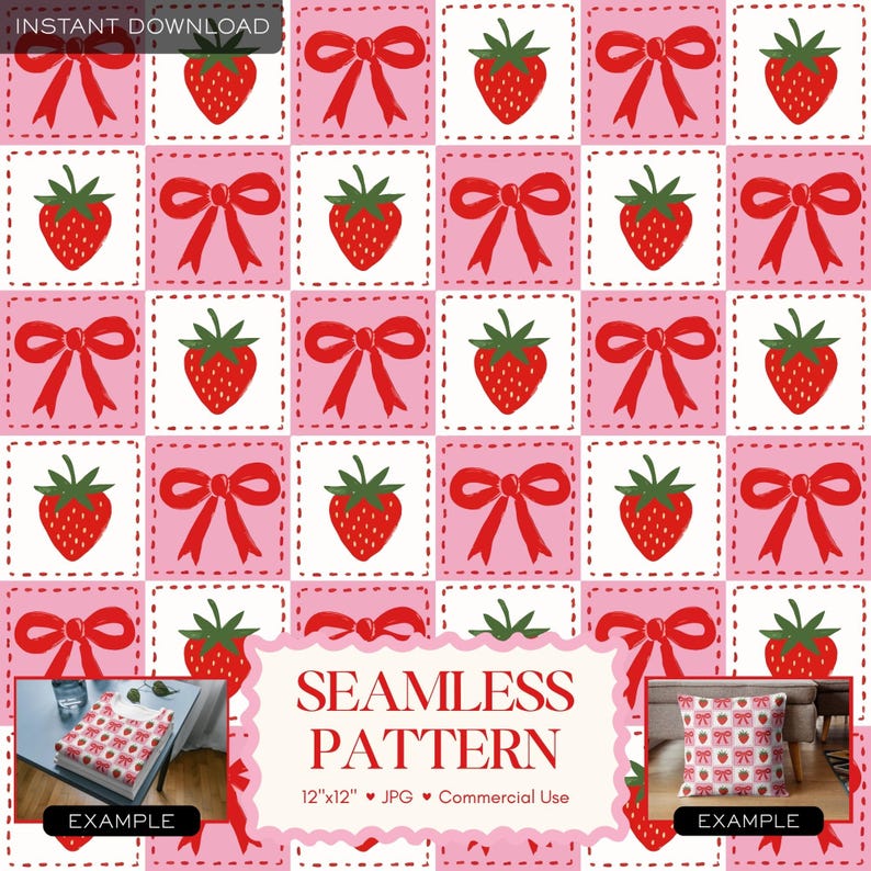 Op de afbeelding: Een naadloos patroonontwerp met afwisselende vierkanten van rode aardbeien en rode strikken op een roze en witte achtergrond. De tekst "SEAMLESS PATTERN" wordt weergegeven. Het patroon is 30,48 cm x 30,48 cm en commercieel bruikbaar.